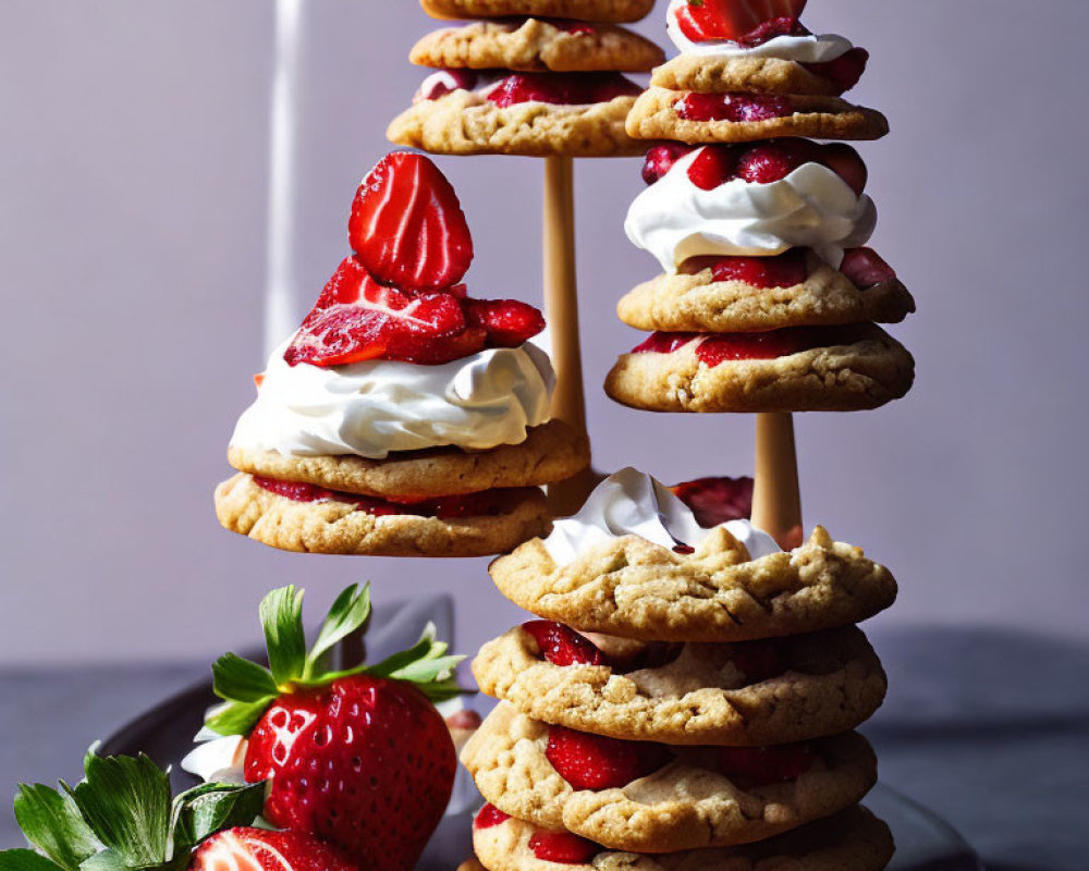 Dessert Tower with Cookies, Whipped Cream, and Strawberries