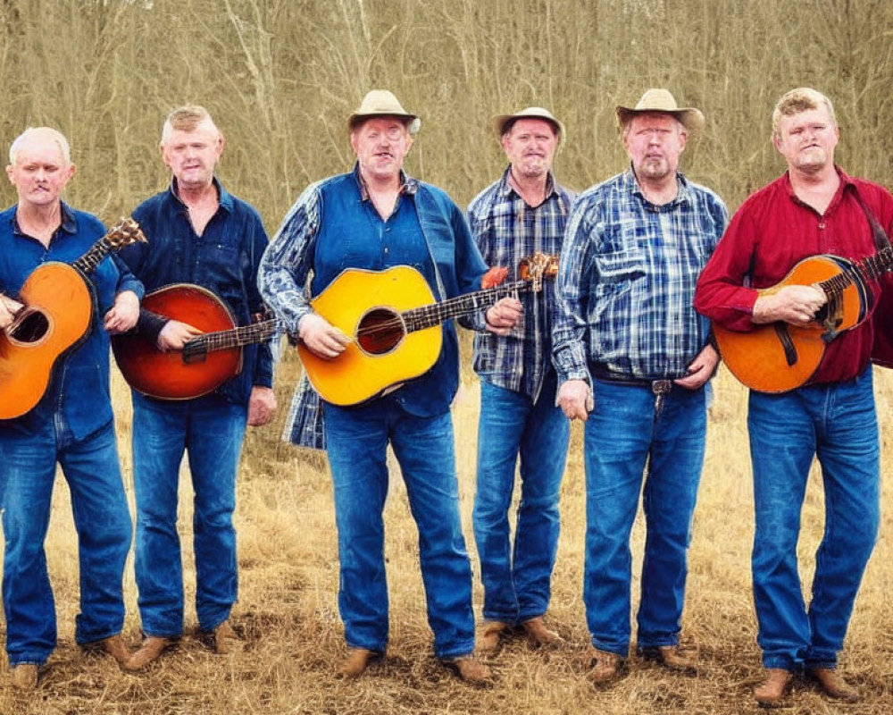 Six men in cowboy attire with guitars in hand outdoors.