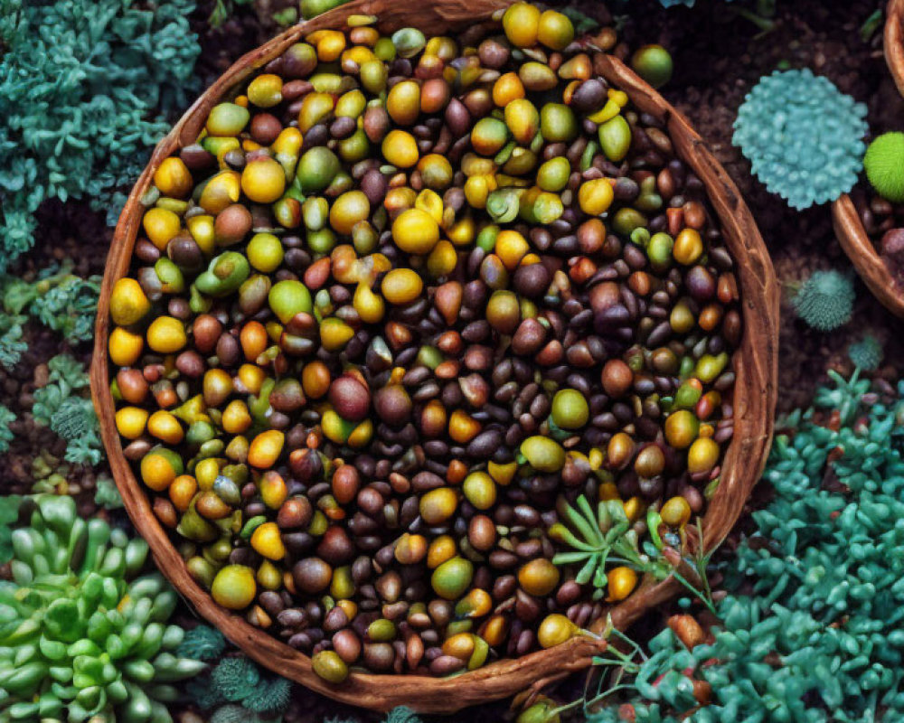 Colorful Mixed Peppercorns in Wooden Bowl with Greenery and Succulents