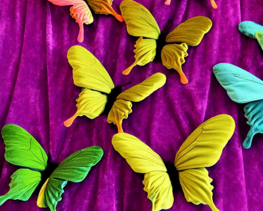 Vibrant Butterfly Decorations on Purple Velvet Surface