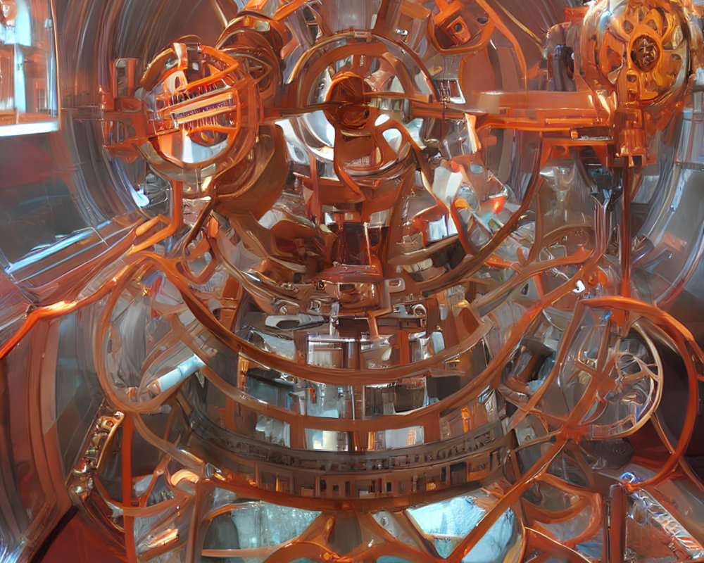 Complex metallic structure with circular elements in warm orange hue.