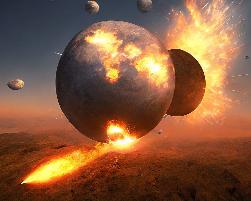 Celestial collision on rocky alien landscape with multiple moons.