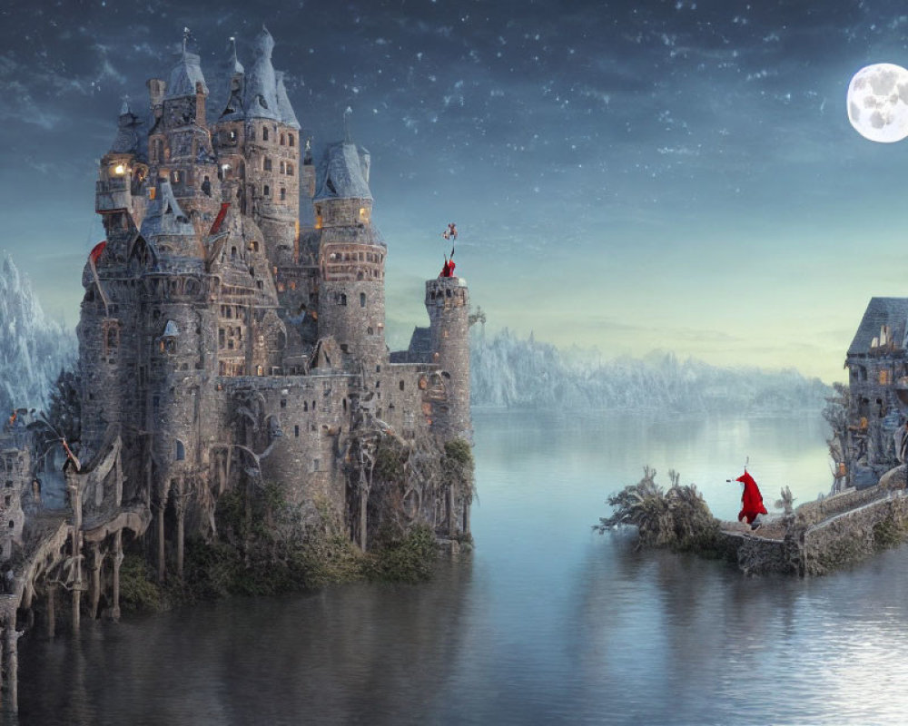 Moonlit castle with towers near a lake, figures in red cloaks.