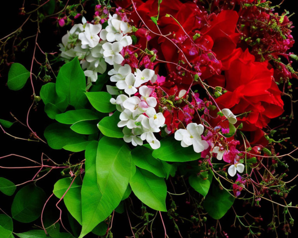 Colorful bouquet of red, pink, and white flowers on dark background