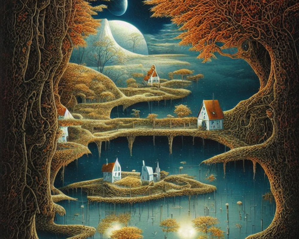 Detailed painting of mystical forest with whimsical trees, terraced houses, reflective pond, and crescent