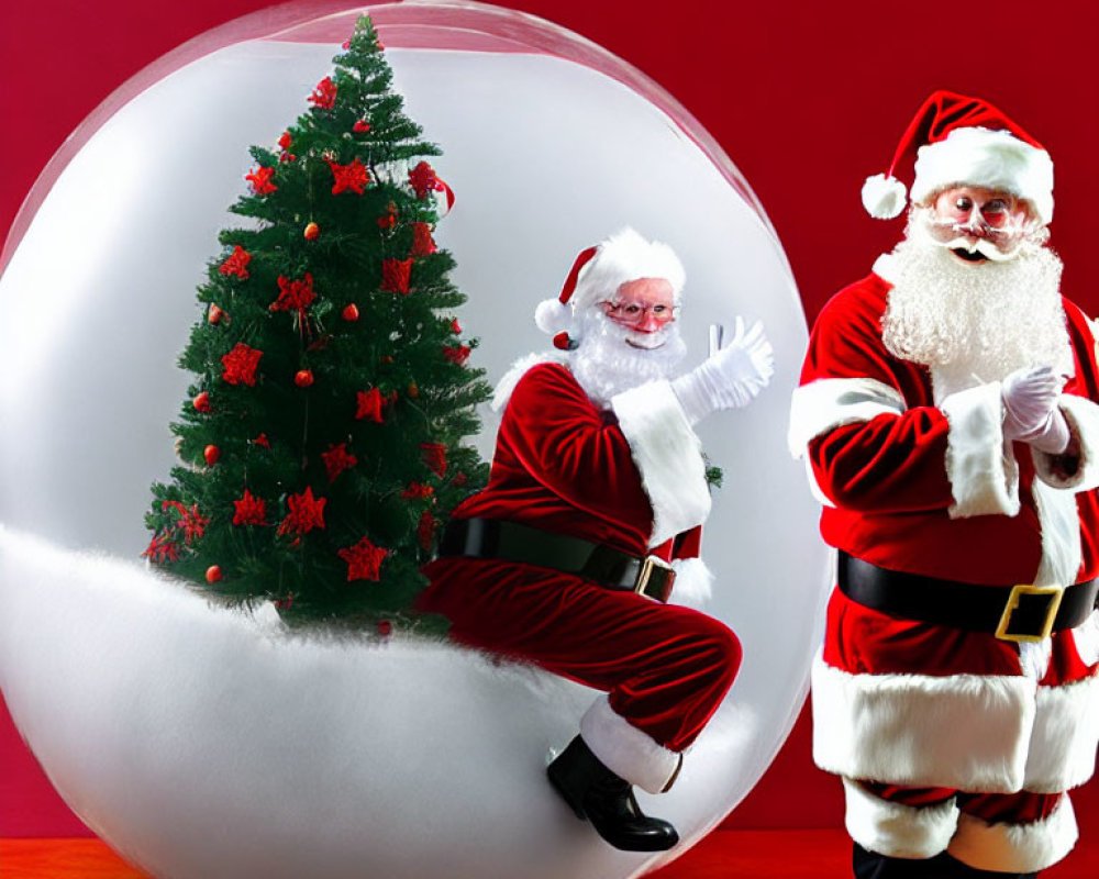 Two Santa Claus Costumes Posed by Christmas Tree on Red Background