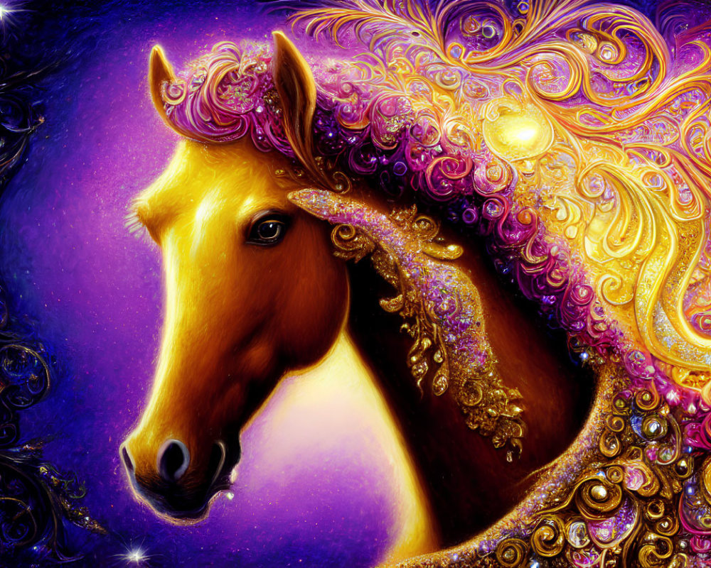 Colorful horse digital artwork with gold and purple filigree on cosmic background