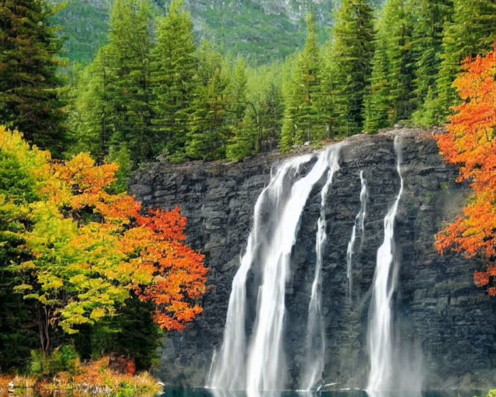 Tranquil waterfall in autumn forest reflected in turquoise lake