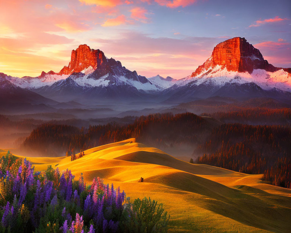 Scenic sunrise landscape with hills, flowers, and mountains