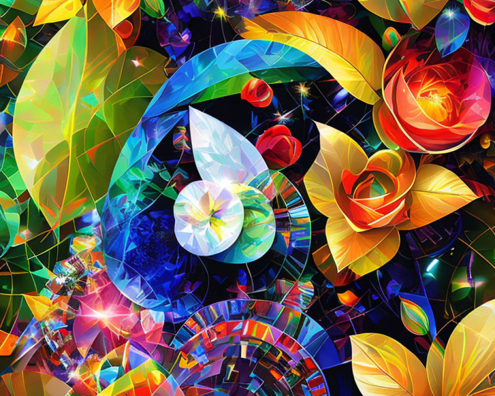 Colorful Digital Artwork: Luminescent Leaves and Flowers with Mosaic Background