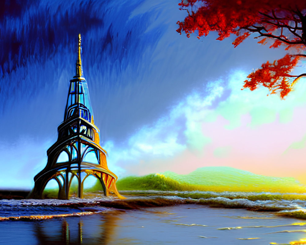 Futuristic organic tower near water under vibrant sky with red tree