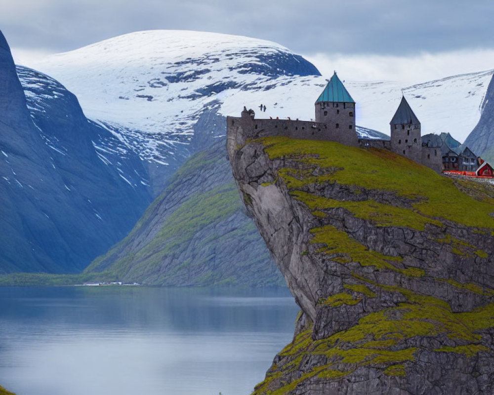 Medieval castle on cliff by serene lake with snow-capped mountains.