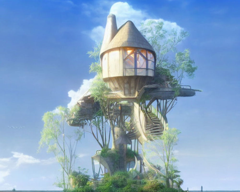 Whimsical treehouse with conical roof and lush greenery