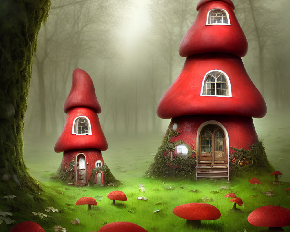 Whimsical red-capped mushroom houses in misty forest clearing