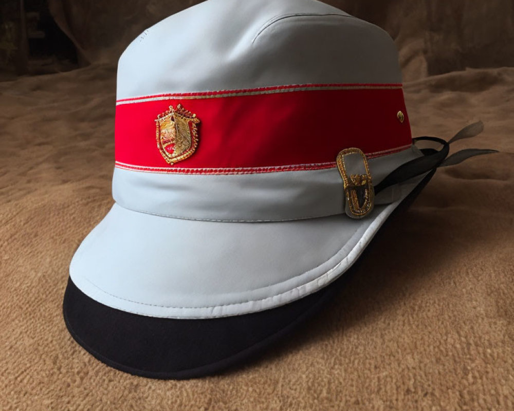 White Dress Uniform Hat with Red Band & Gold Insignia on Brown Background