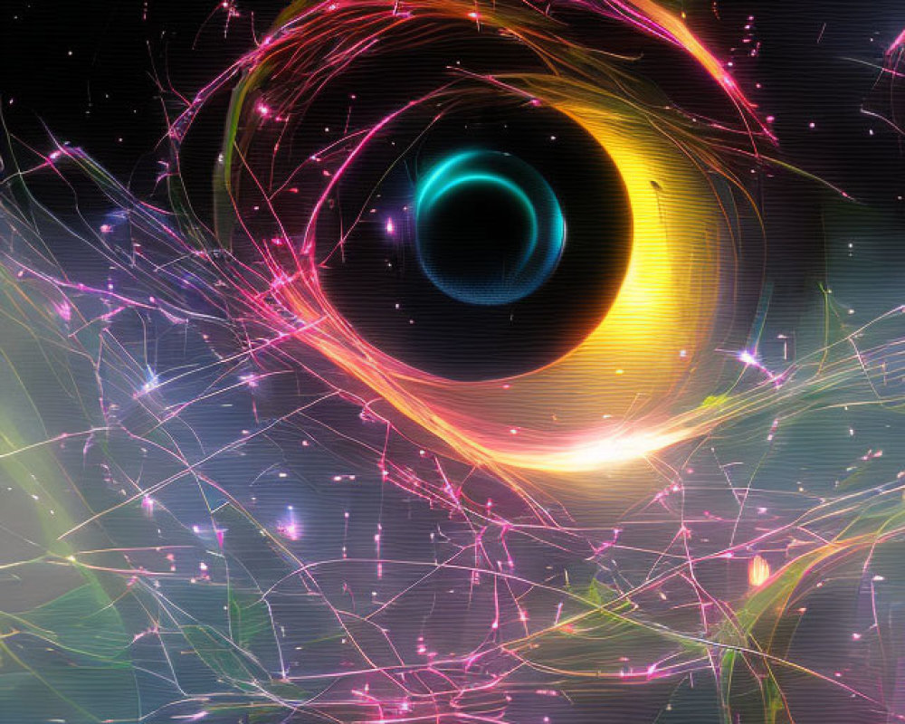 Colorful digital artwork of stylized black hole with light beams and foliage on starry background