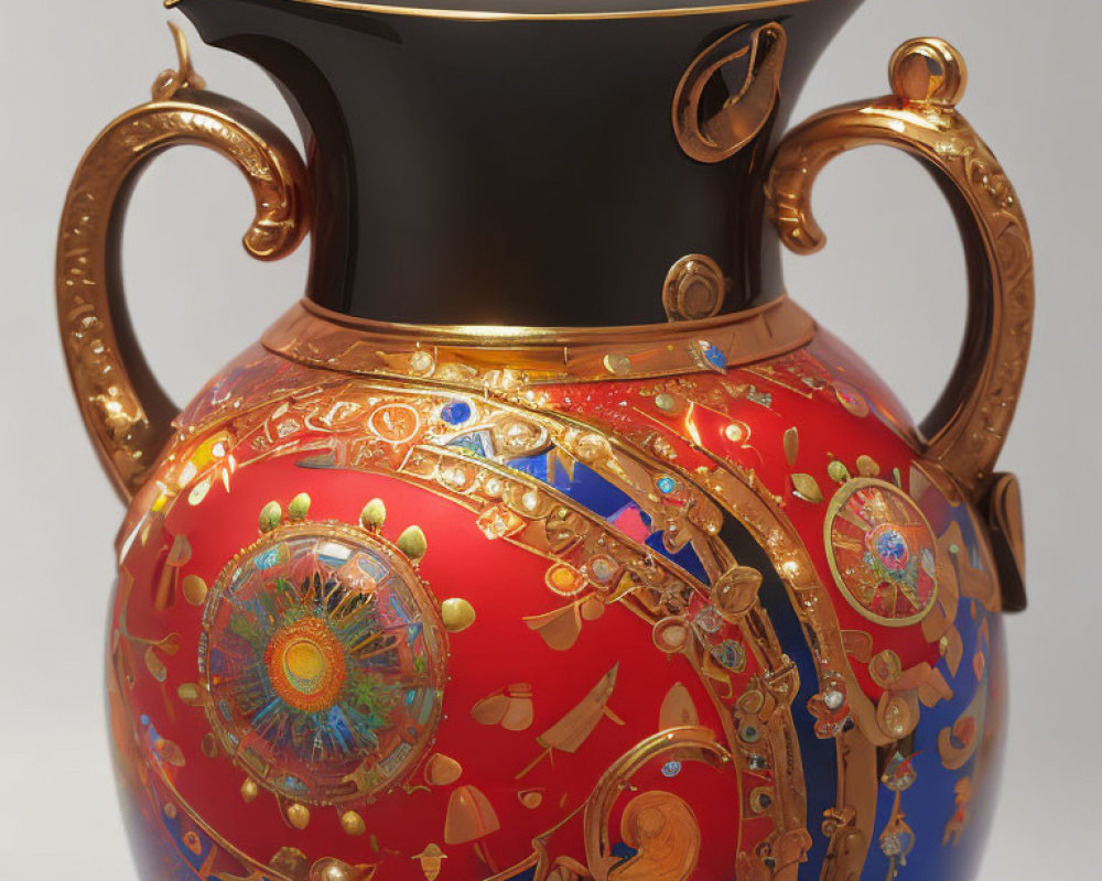 Red and Gold Ornate Vase with Enamel and Gemstone Accents