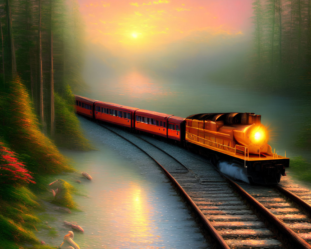 Scenic forest train journey at sunset