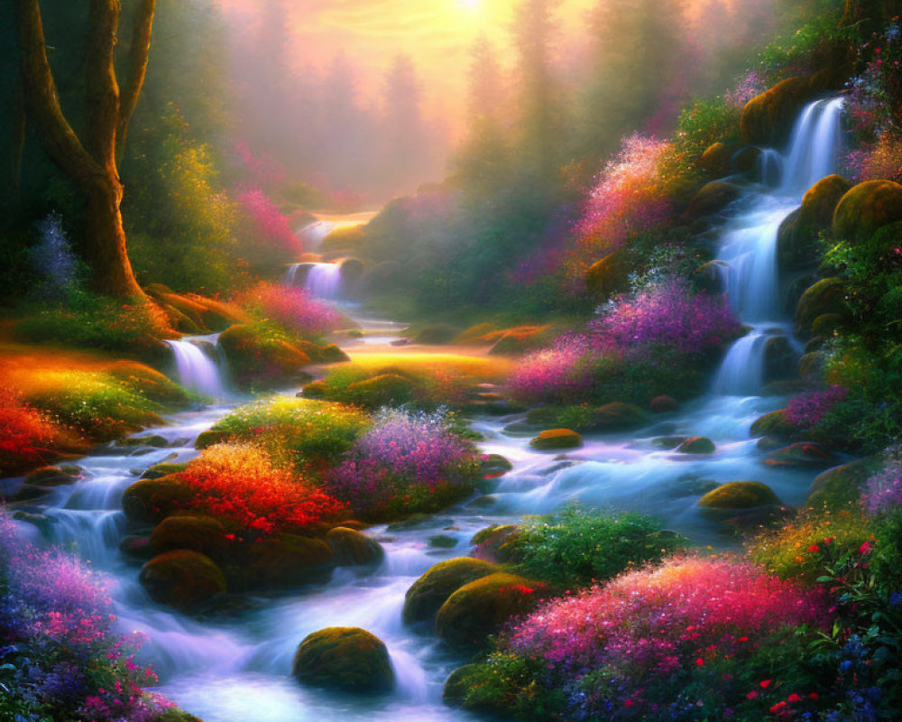 Scenic forest landscape with waterfall, river, and colorful flowers