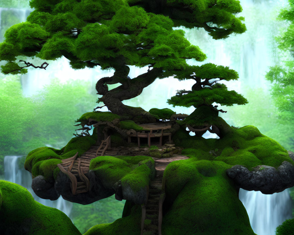 Fantasy illustration of lush green bonsai tree on floating island