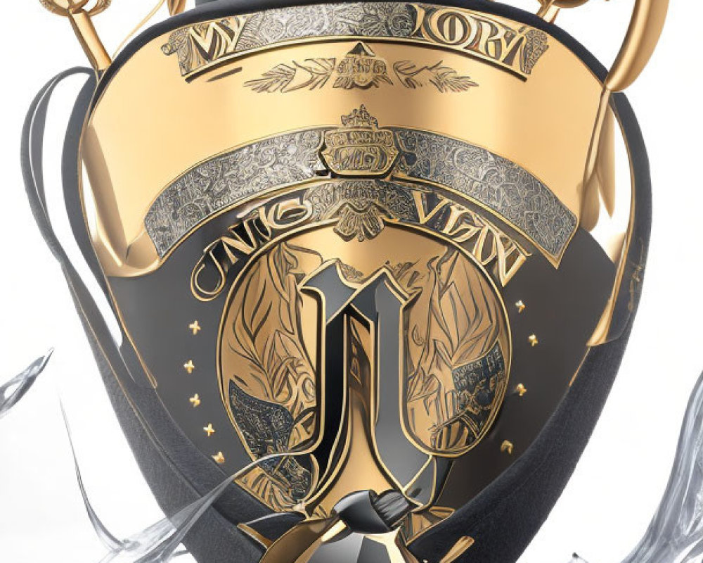 Black and Gold Soccer Trophy with "MY GLORY" Inscription and Star Patterns