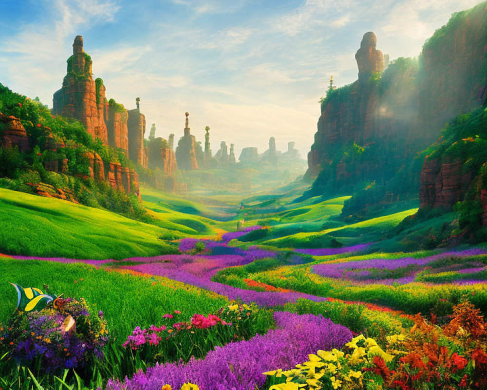 Colorful Flower Landscape with Red Rocks and Blue Sky