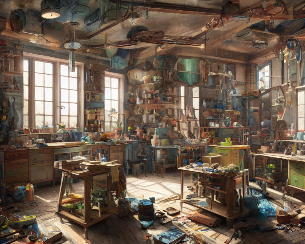 Sunlit cluttered workshop with tools, paints, and crafted objects scattered around