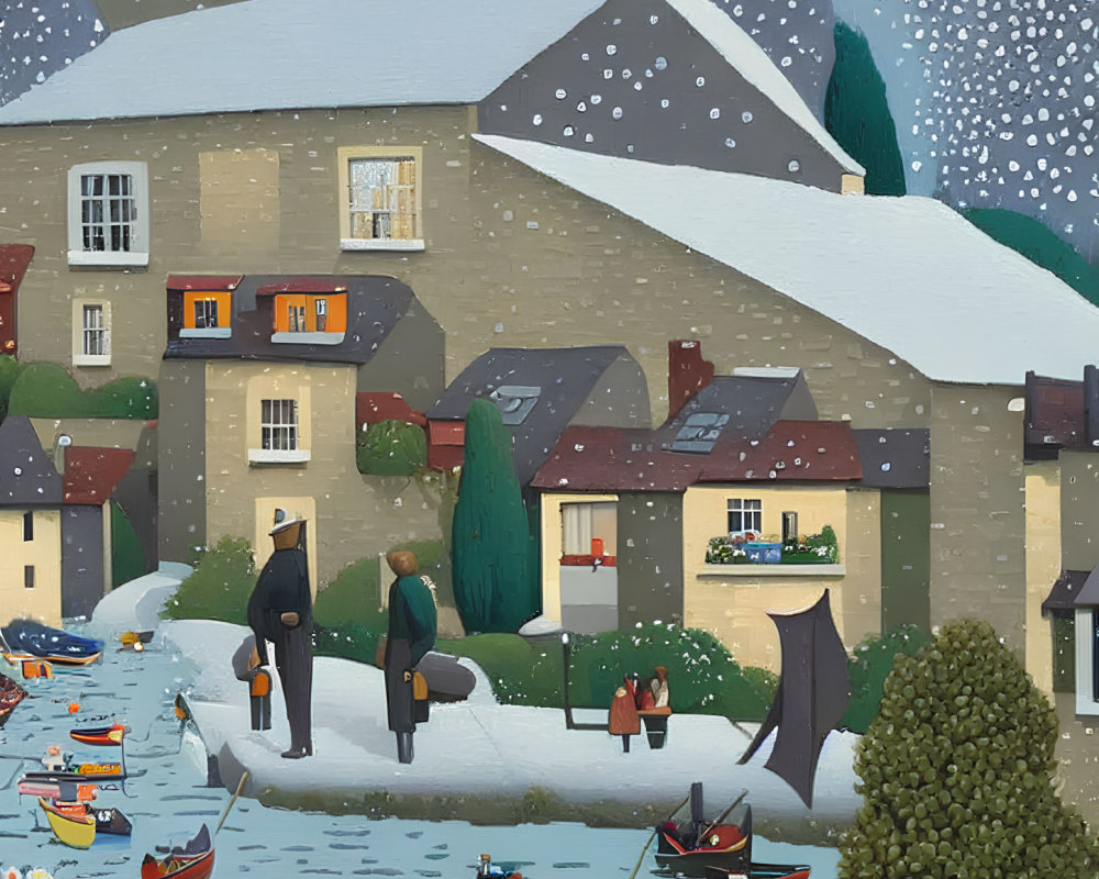 Snowy Winter Scene: People Walking by Houses & Boats on River