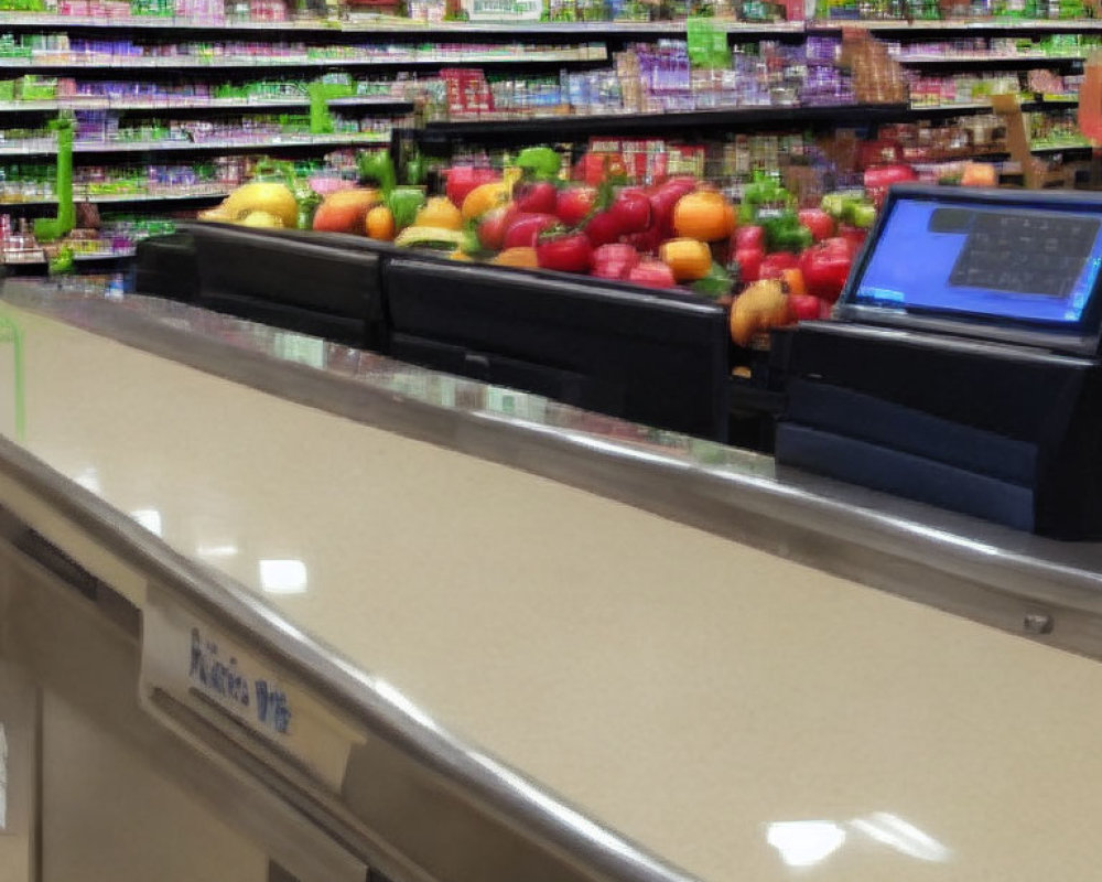 Deserted grocery store checkout lanes with colorful produce section