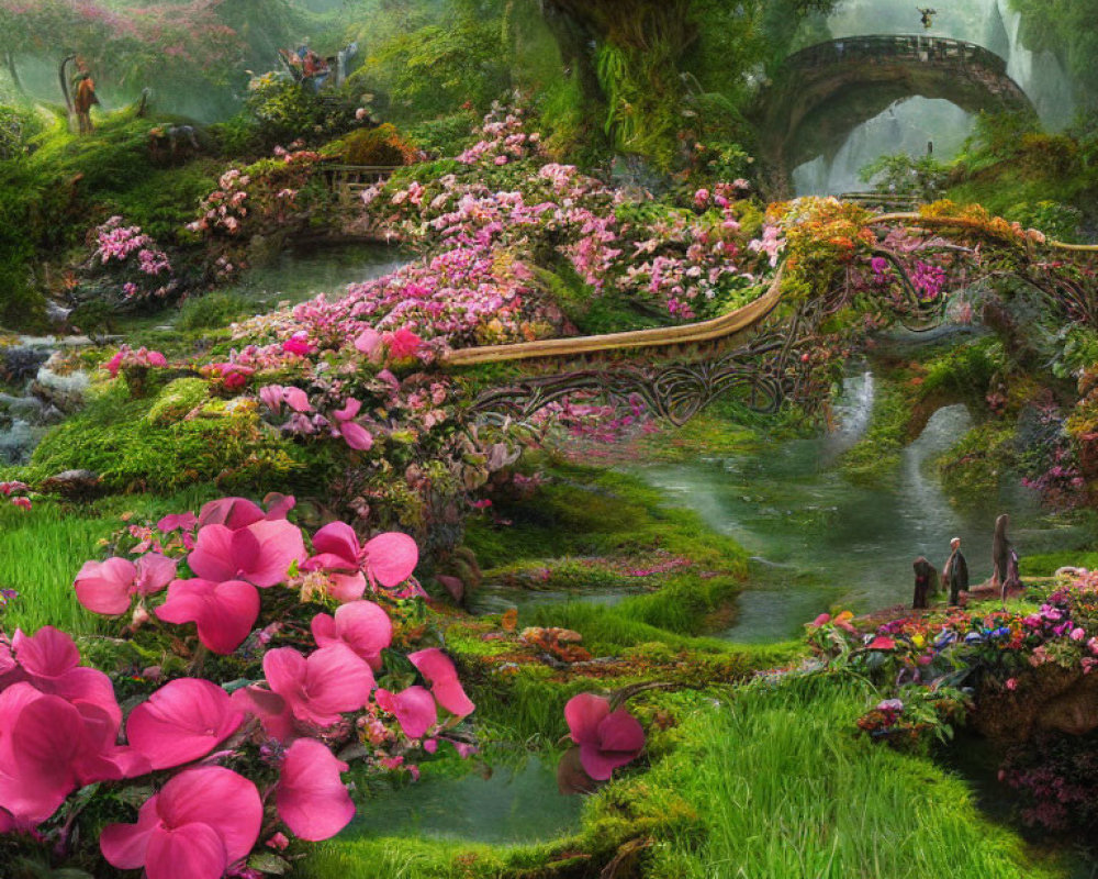 Vibrant Pink Flowers and Moss-Covered Bridge in Enchanted Garden