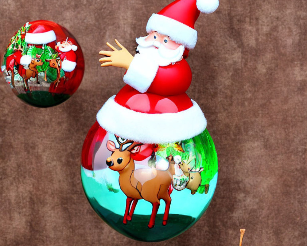 Santa Claus Figurine on Three Reindeer Ornaments Against Brown Background