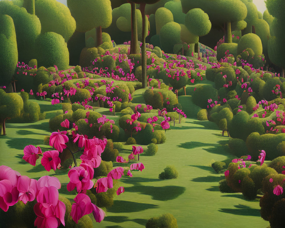 Colorful garden with pink flowers, green bushes, and stylized trees under soft light