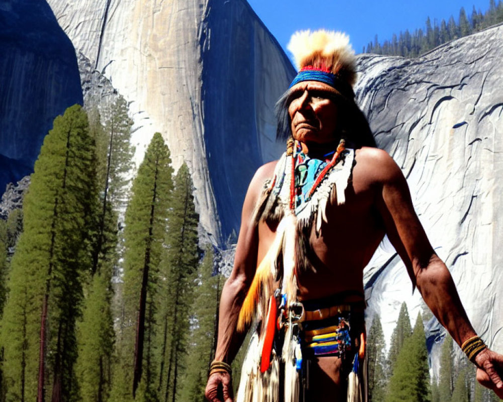 Native Attire Figure with Feathered Headdress in Nature Scene