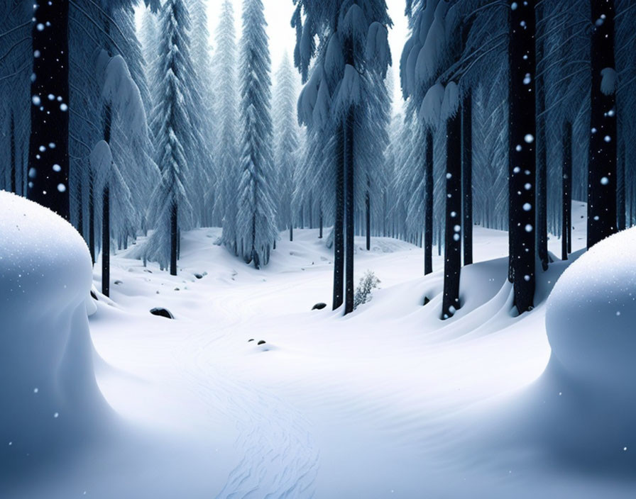 Snowy forest scene with tall pine trees and gentle snowfall