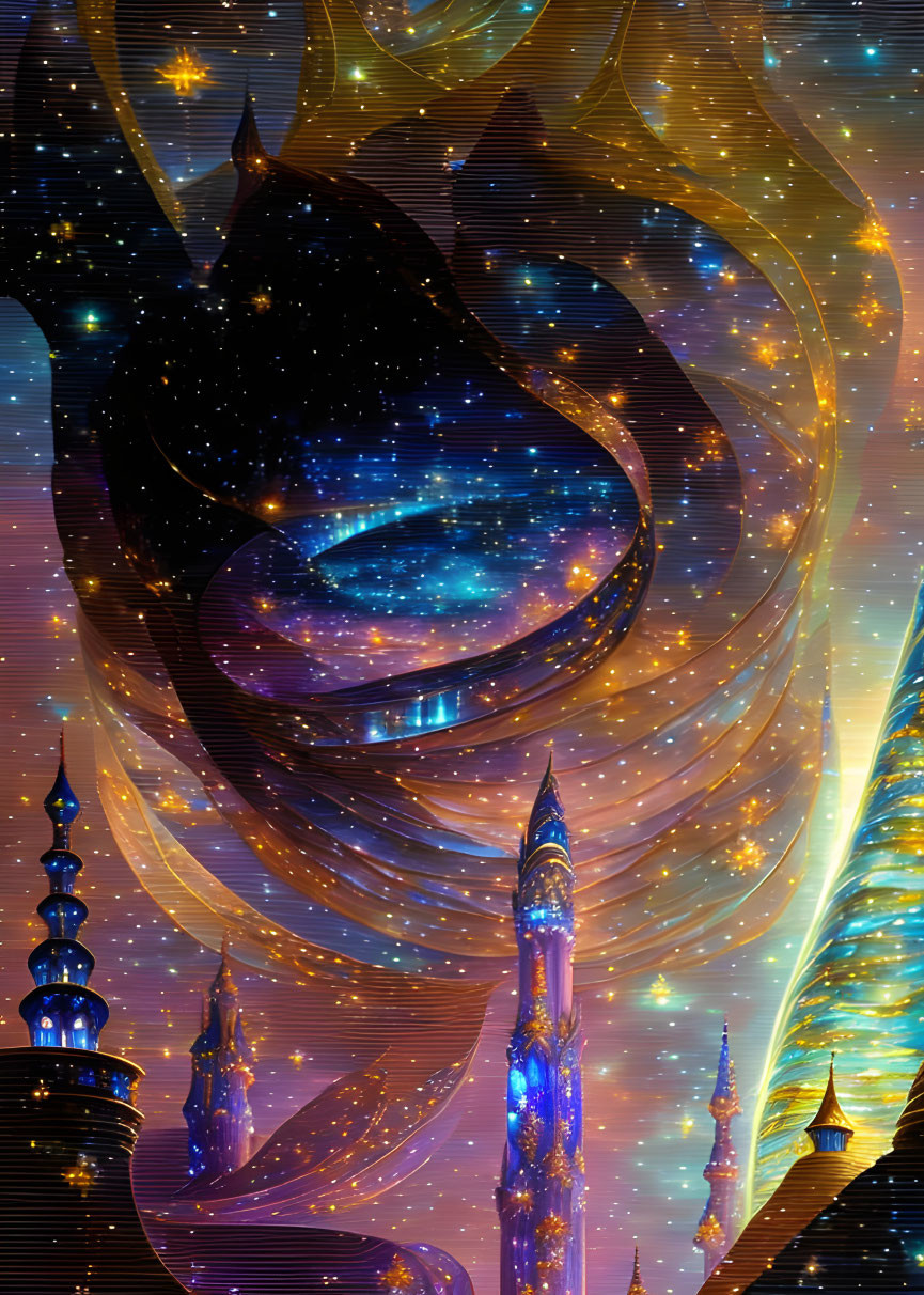 Fantastical cosmic scene with swirling galaxies and futuristic towers