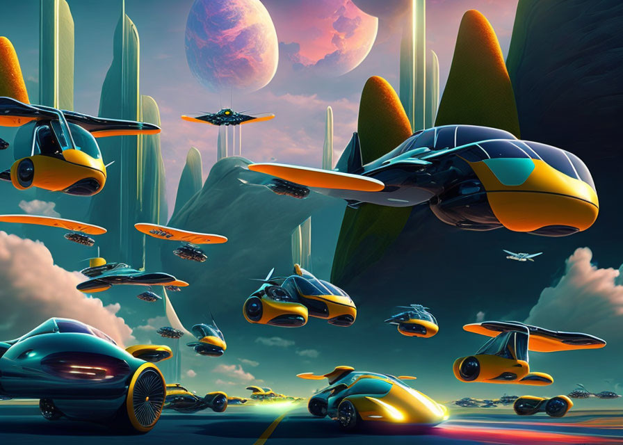 Sleek futuristic flying cars amidst green skyscrapers and large moon