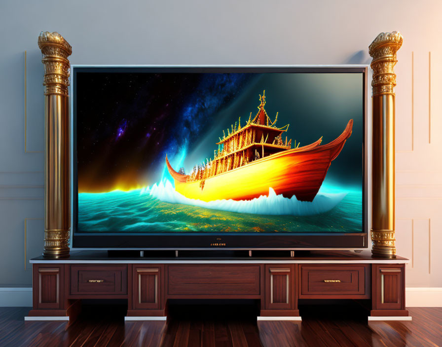 Large TV screen showing majestic ship sailing on waves against starry night sky on classic wooden console