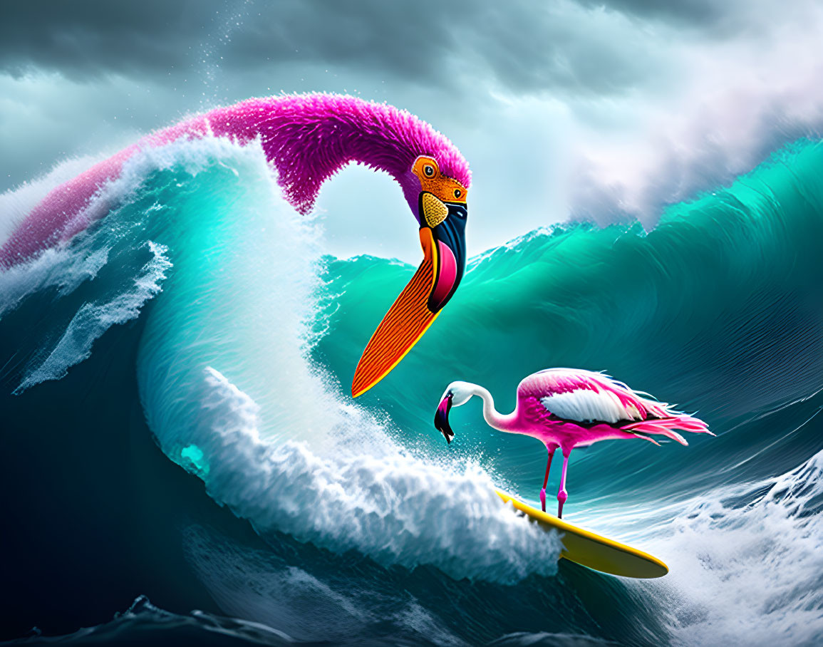 Colorful Flamingo Surfing with Feathered Wing on Turbulent Sea