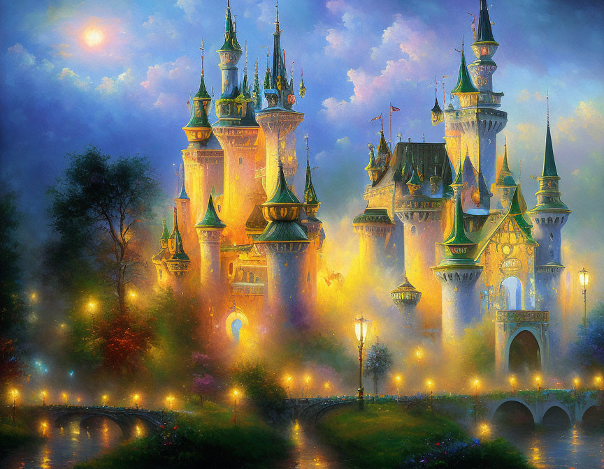 Illuminated fairytale castle at dusk with twinkling lights