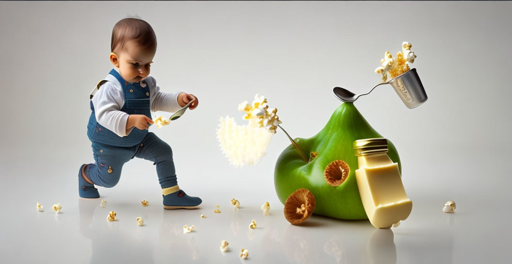 Toddler in denim overalls spooning popcorn near giant green pear