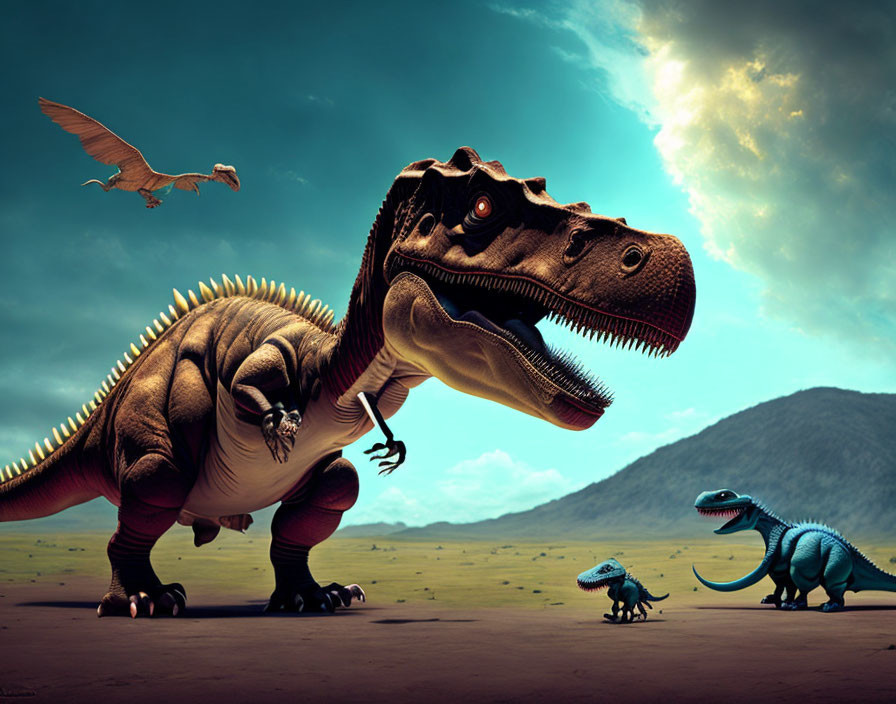 Prehistoric dinosaur scene with Tyrannosaurus Rex, Pterosaur, Spinosaurus, and