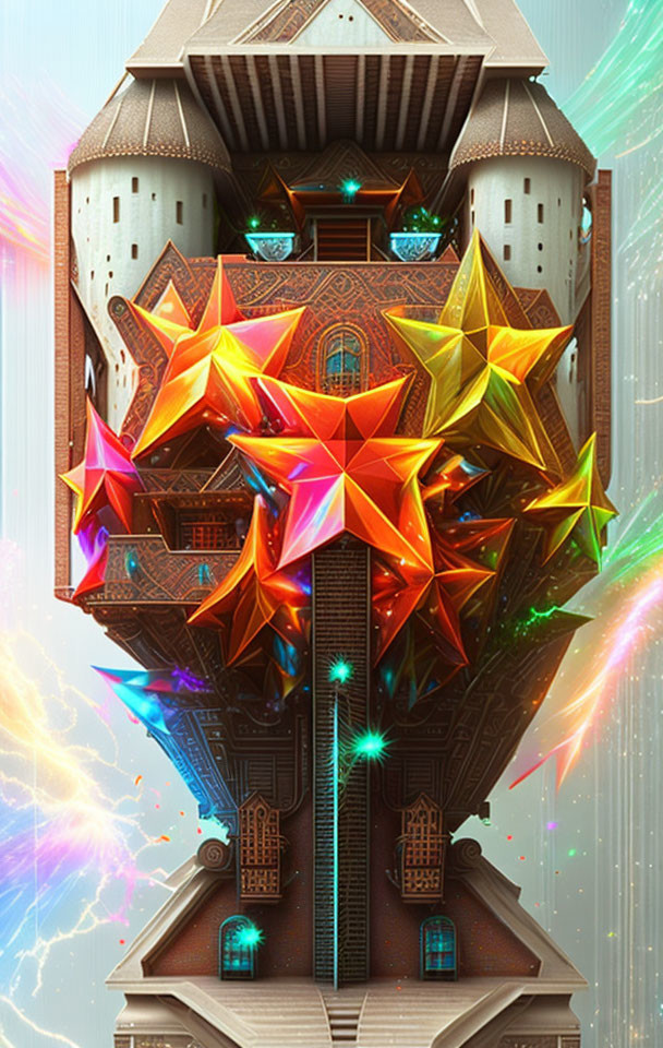 Vibrant multi-colored geometric crystals on futuristic floating castle