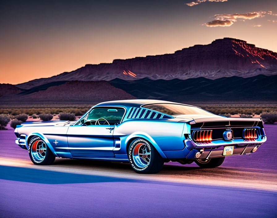 Blue Mustang with White Stripes Driving in Sunset Mountains