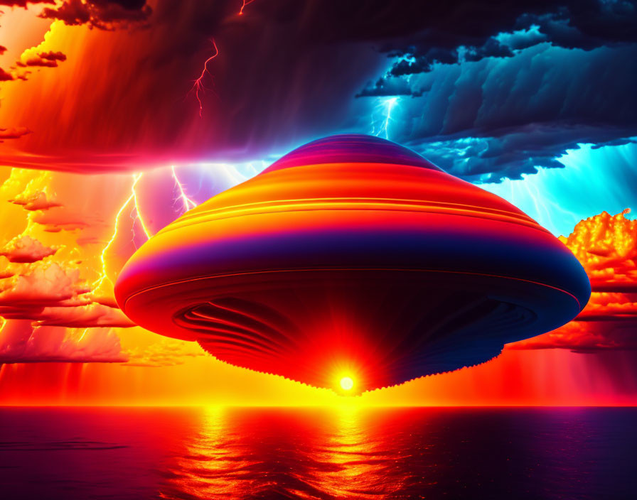 Unidentified Flying Object over ocean at sunset with vibrant clouds and lightning