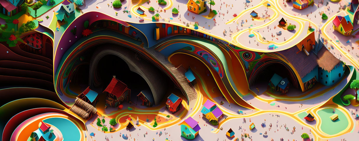 Colorful Abstract Landscape with Swirling Roads and Stylized Buildings