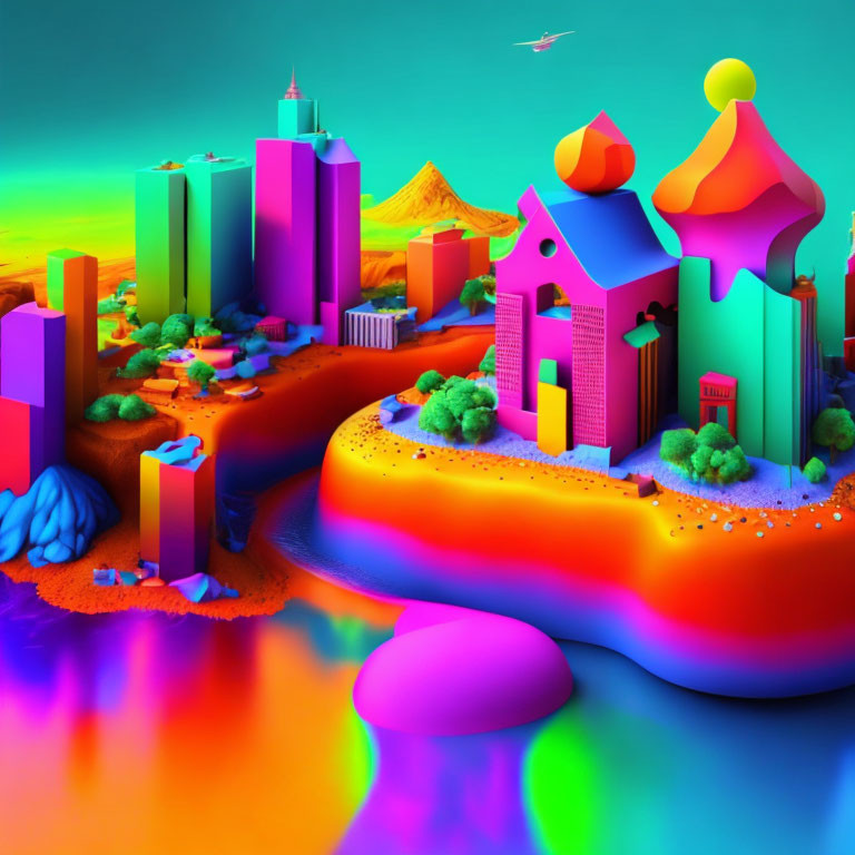 Colorful Stylized Landscape with Neon Buildings and River