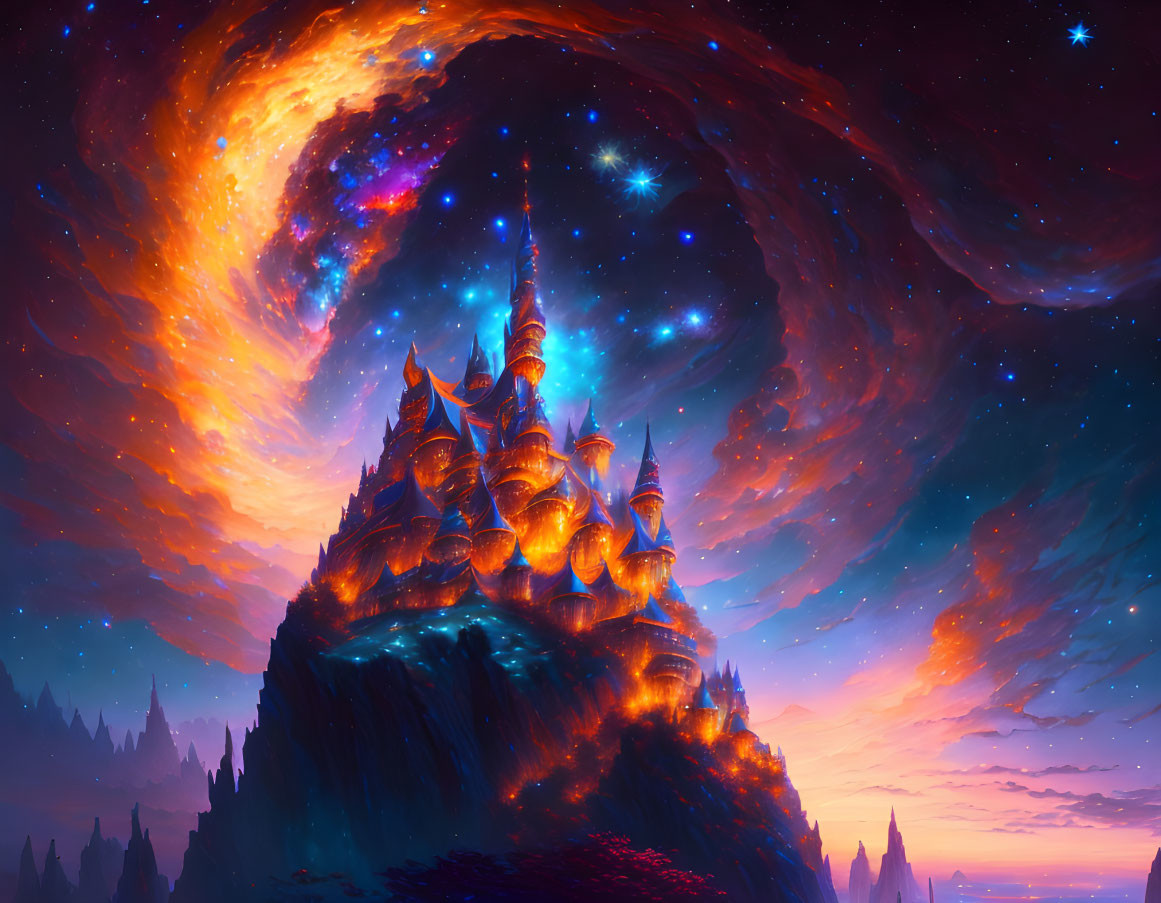 Fantastical castle on cliff under swirling galaxy in orange, red, and blue palette