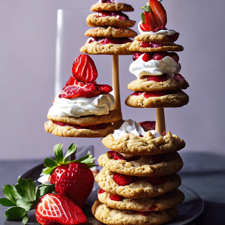 Dessert Tower with Cookies, Whipped Cream, and Strawberries