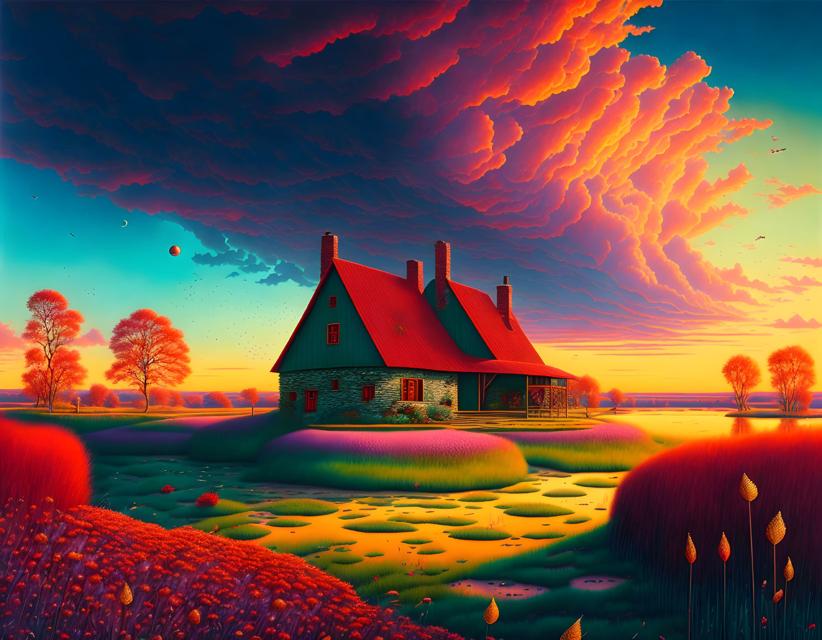 Colorful surreal landscape with cottage under dramatic sky