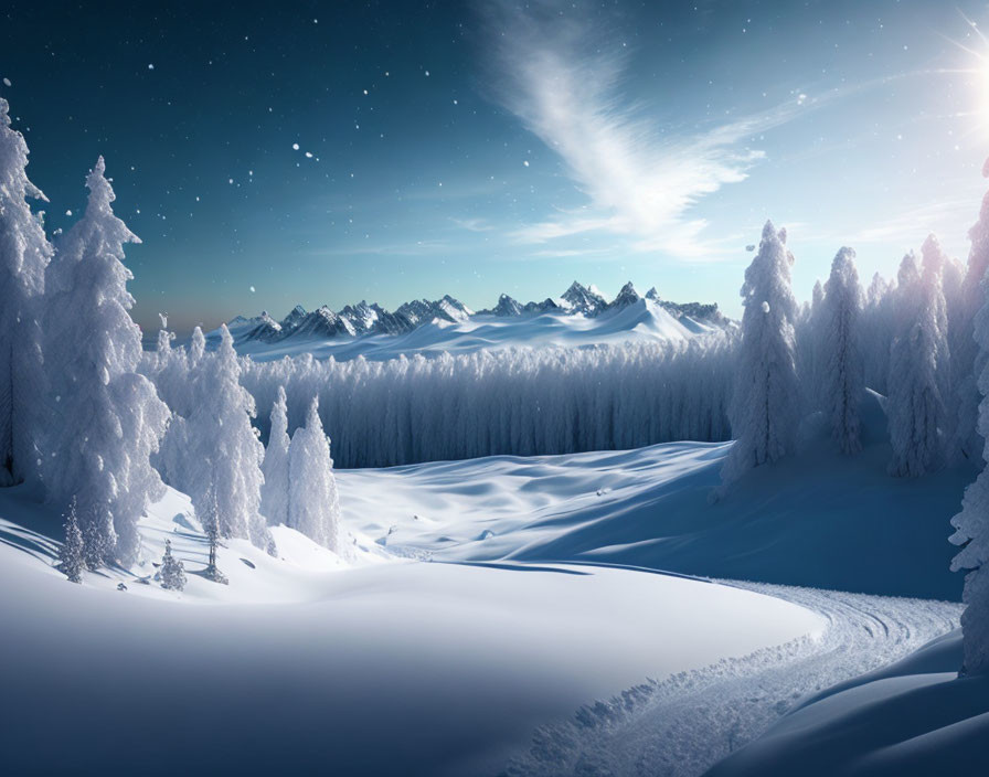 Winter Scene: Snowy Landscape with Frost-Covered Trees and Mountains